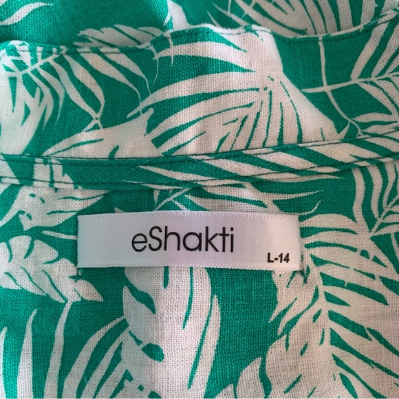 eShakti large Linen Blend Tropical Palm Button Down Shirt Aqua Mint Green - Picture 4 of 8